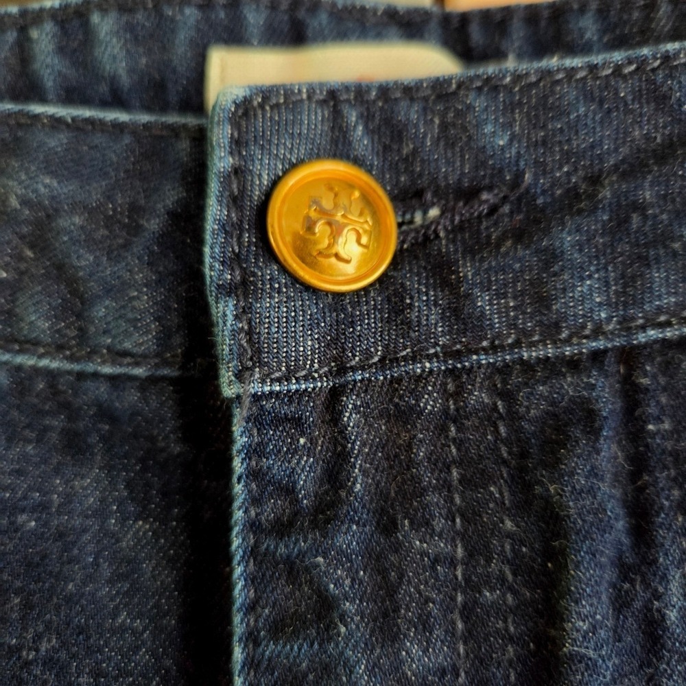 Tory Burch Women Dark Indigo High Rise Wide Leg Denim Jeans Gold Logo Button 29 - Picture 4 of 13